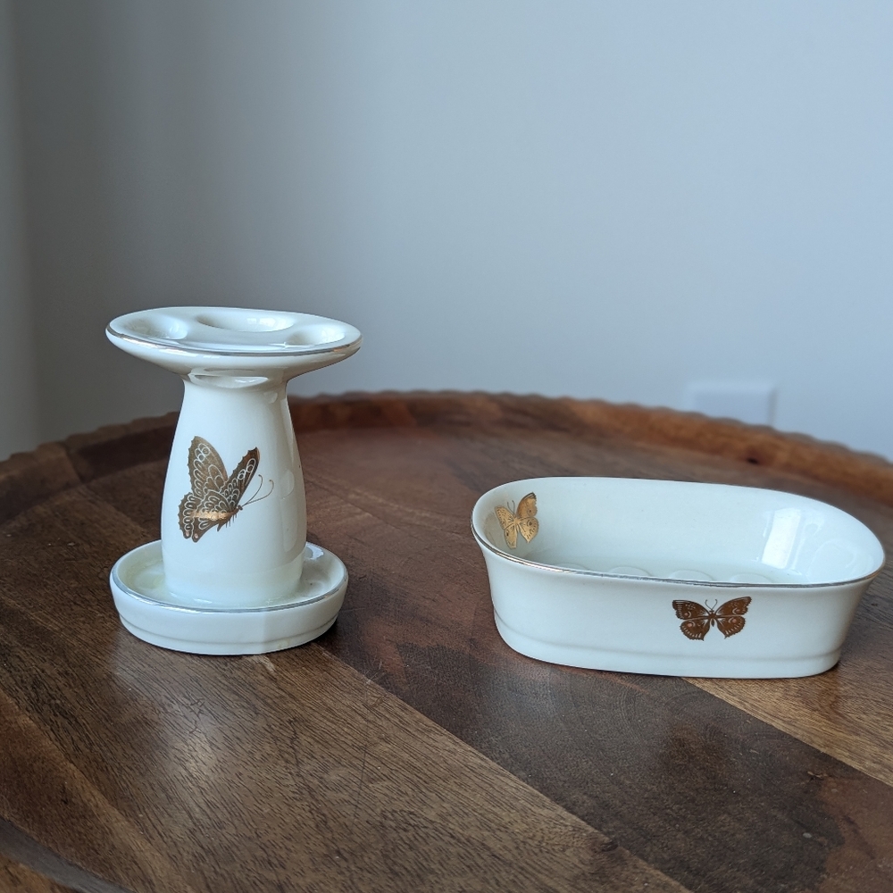 1970's Akahashi Japan Gold Gilt Porcelain Butterfly Motif Soap Dish & toothbrush